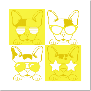 Frenchies with Glasses Yellow Posters and Art